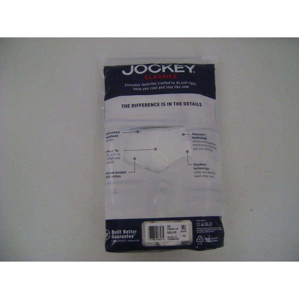 Jockey Classics Mens 3 Pack Full-Rise Briefs White 100% Cotton StayCool+ Size 36